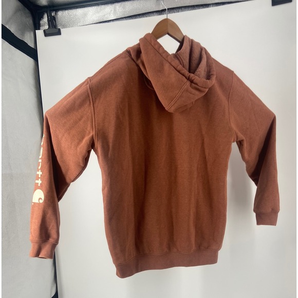 Carhartt Hoodie Sweatshirt Brown Heathered Logo Sleeve‎ Kanagaroo Pocket Med - Picture 3 of 11